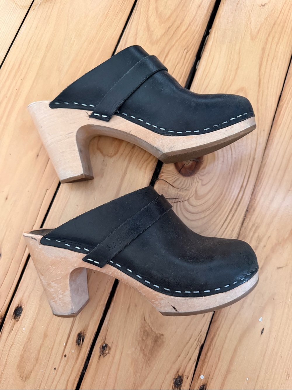 Swedish Hasbeens Classic Leather Wooden Clog Heels - Women